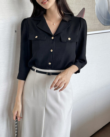 Boybi Collar Pocket Three Quarter Sleeve Jacket Blouse